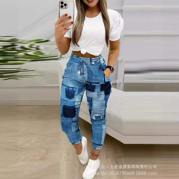 YSK4063BA1 Europe and America 2024 women's imitation denim printed casual pants