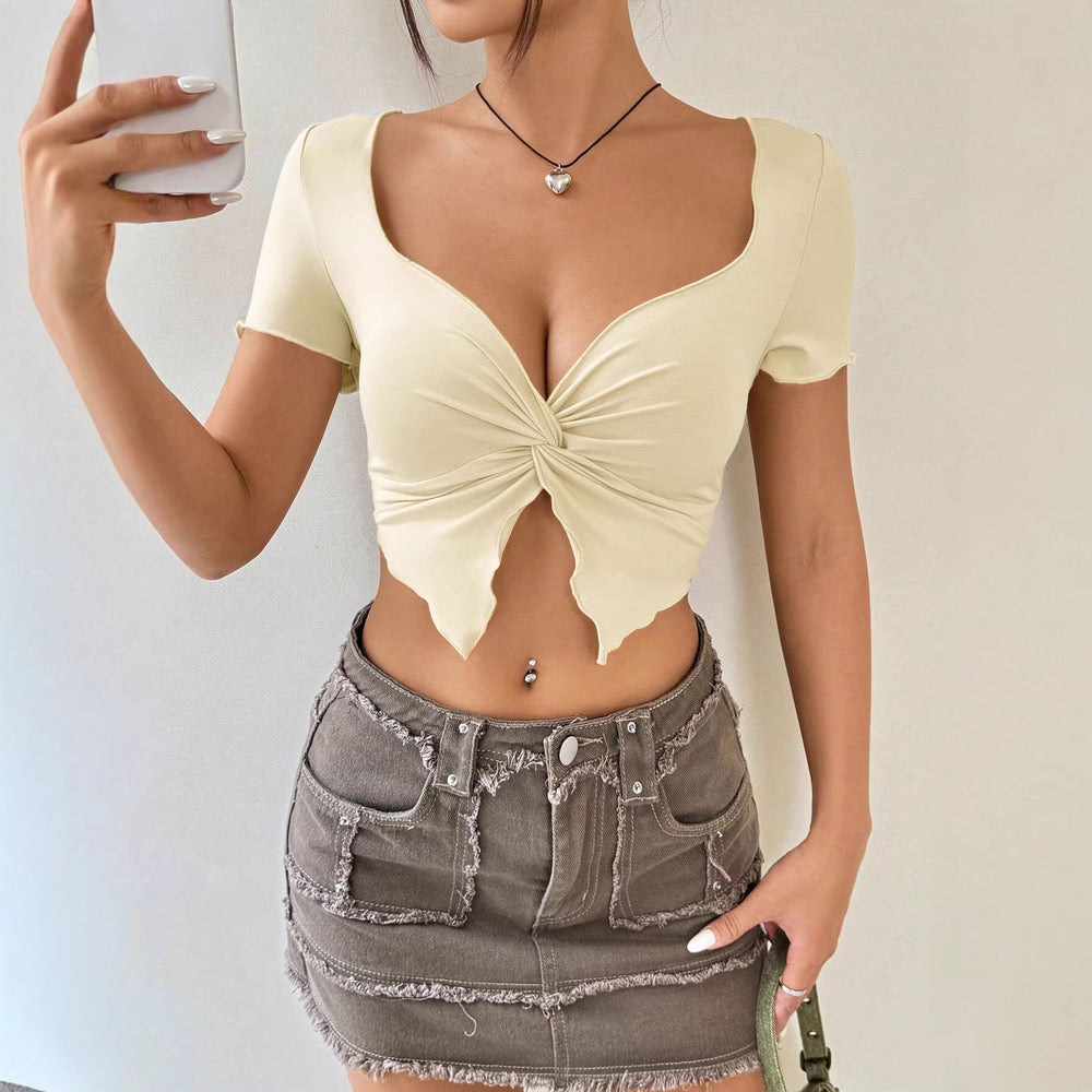 European and american style women's summer  new slim-fit v-neck knit top with twist detail, short length, long sleeve