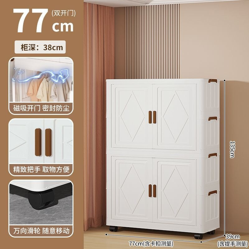 Foldable storage cabinet - no assembly required, large capacity kids' wardrobe, double door organizer, simple rolling storage cabinet