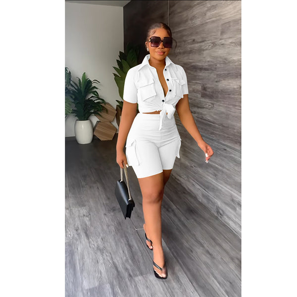 ZH6027 European and American women's clothing new urban style shirt shorts solid color two-piece set