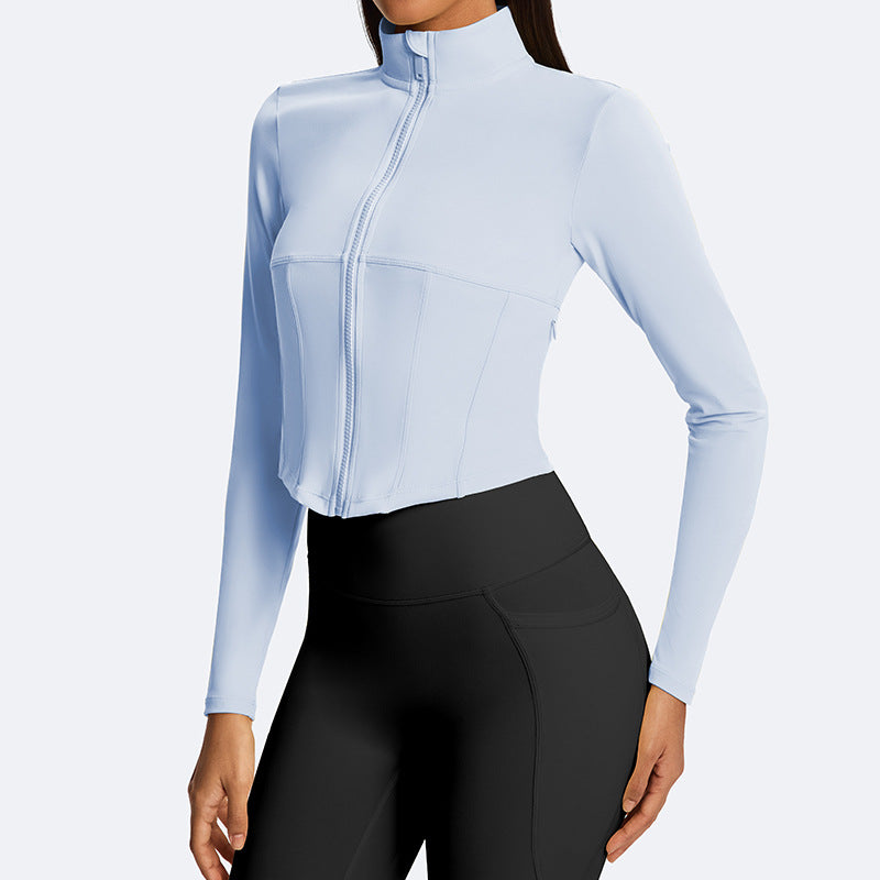 Jinke cross-border yoga outwearshortlong sleeves waist tight tops zipper stand collar sports fitness women