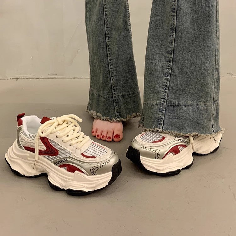 Silver chunky sneakers for women, new spring/summer 2026 collection: platform, height increasing, slimming, lightweight, breathable, versatile casual athletic shoes