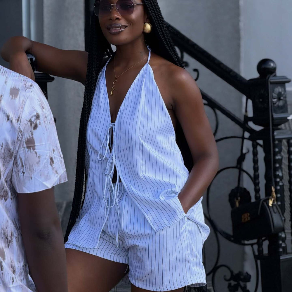 European and american cross-border women's fashion:  summer new collection - striped sleeveless halter top with v-neck tie and shorts set