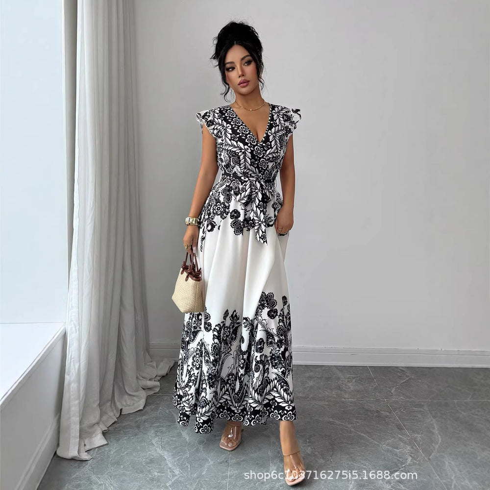 European and american cross-border  summer new arrival: vintage-inspired elegant printed flutter sleeve maxi dress