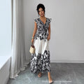 European and american cross-border  summer new arrival: vintage-inspired elegant printed flutter sleeve maxi dress