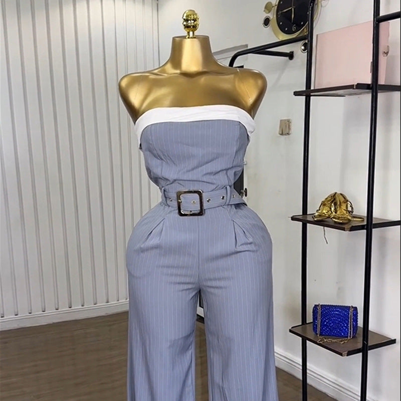 European and american cross-border women's fashion:  autumn new arrivals - elegant commute bandeau tie-up loose casual wide-leg jumpsuit