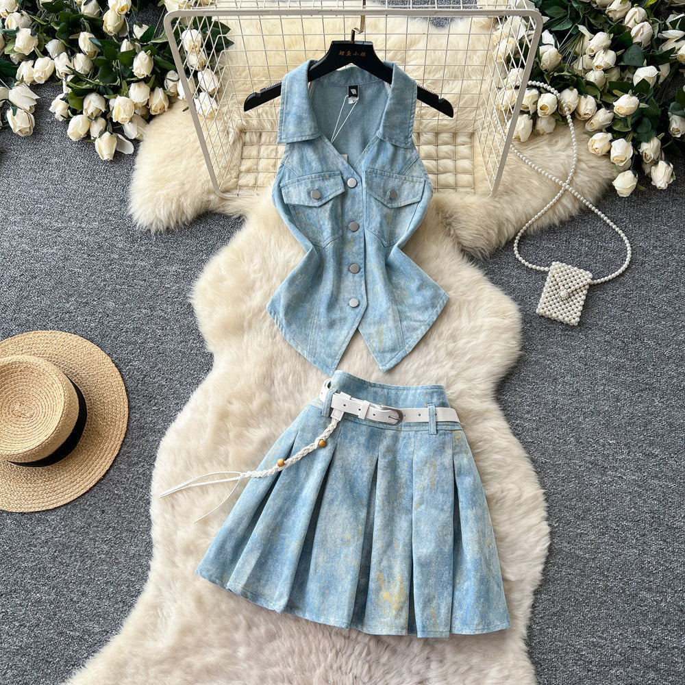 Korean style commute v-neck sleeveless denim vest two-piece set - women's summer slimming belted outfit
