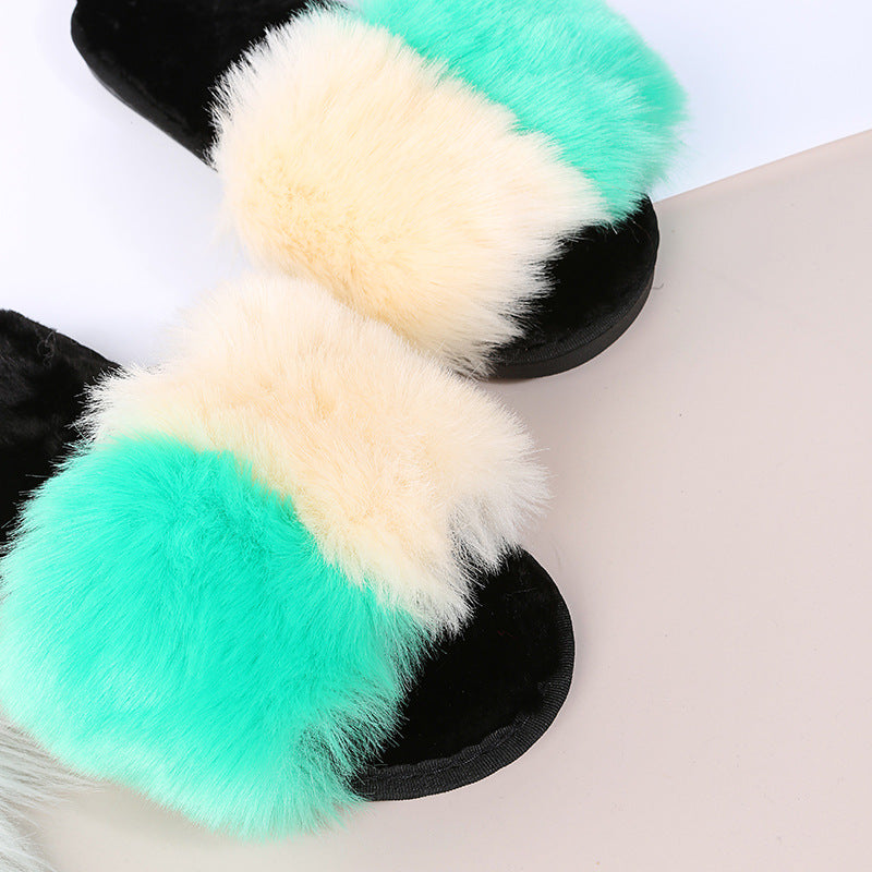 European and american style 2024 autumn/winter plus size color block thickened flat slippers, celebrity-inspired fuzzy slippers for women