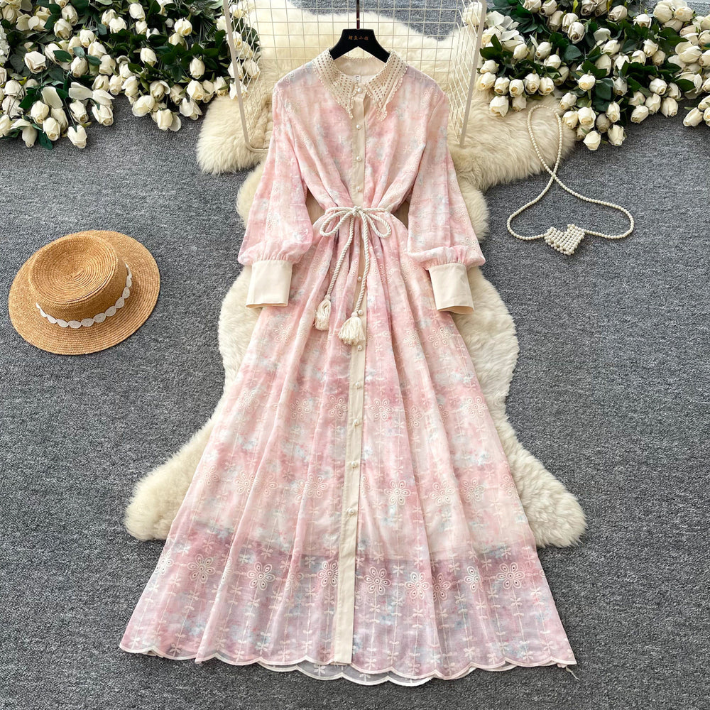 French romantic lantern sleeve printed dress - women's  autumn collection - slim fit a-line maxi dress - commute chic & elegant