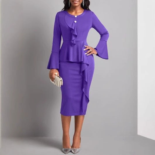 Irregular purple long-sleeved ruffle dress, waist and thin commuter party hip dress Party dress