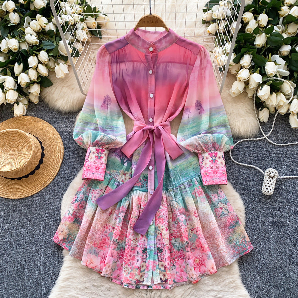 spring new women's dress - european & american style elegant stand collar lantern sleeve cinched waist printed ruffle hem mini dress