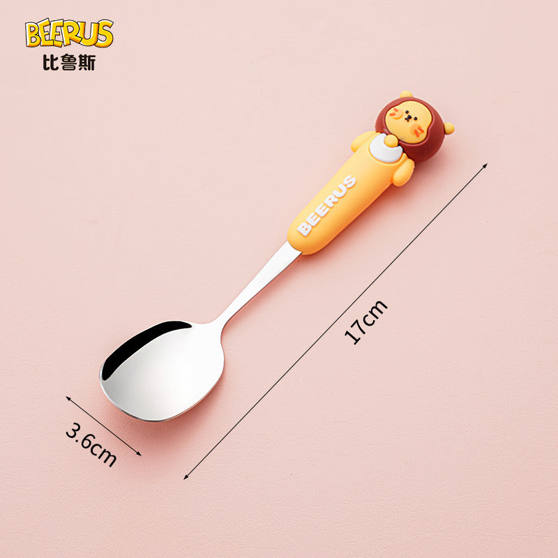 High-quality, adorable cartoon children's cutlery set featuring a cute bear design. includes a fork, spoon, and is perfect for school lunches. made of durable silicone, these portable forks and spoons are available for wholesale