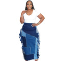 European and american style women's denim skirt - new fashion washed color block tassel high waist midi skirt for  cross-border e-commerce