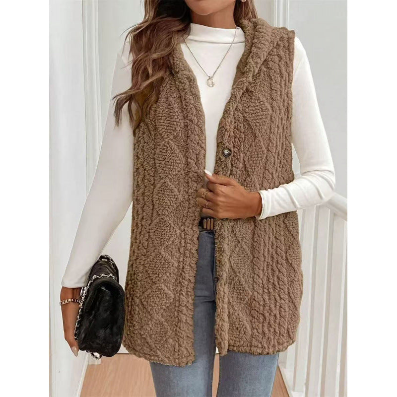 Europe and the United States   hot-selling explosion solid color double-sided plush hooded button cardigan casual women's autumn and winter vest