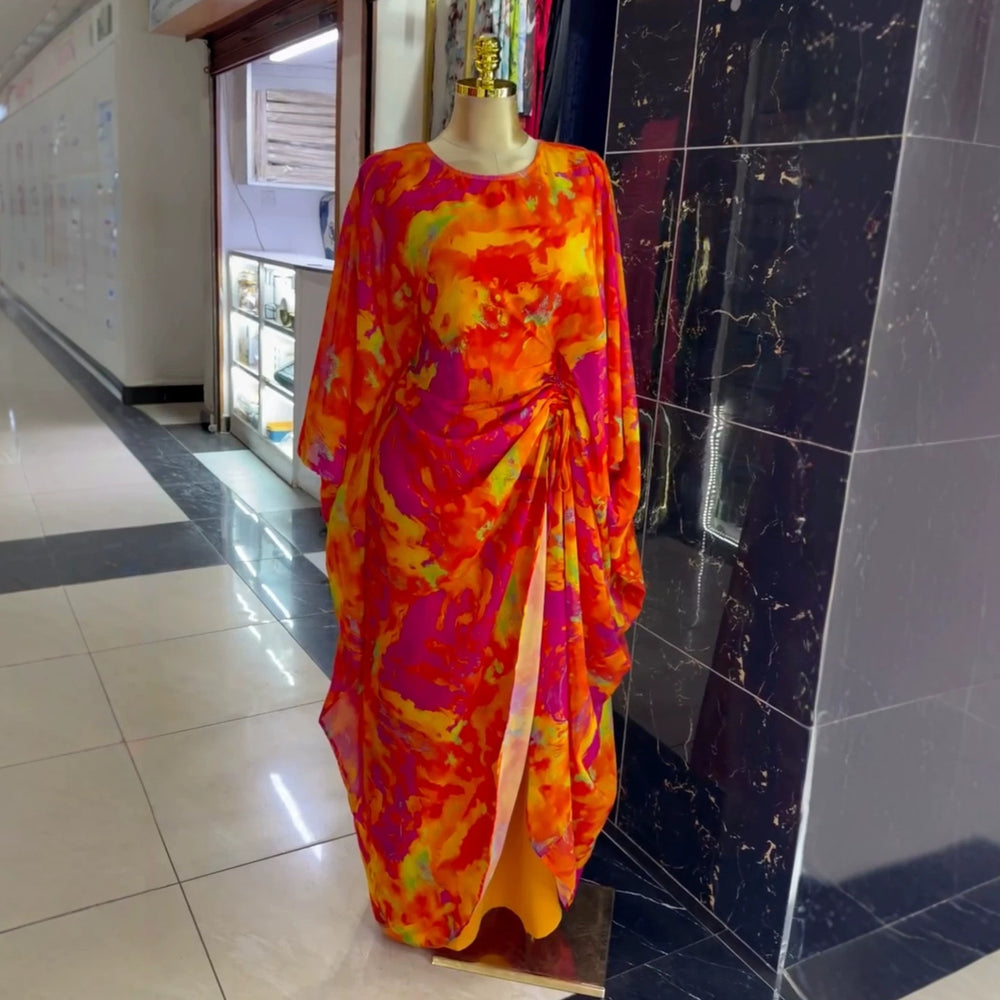 European and american cross-border women's fashion:  summer new arrivals - elegant round neck drawstring printed dress, sundress, and casual set