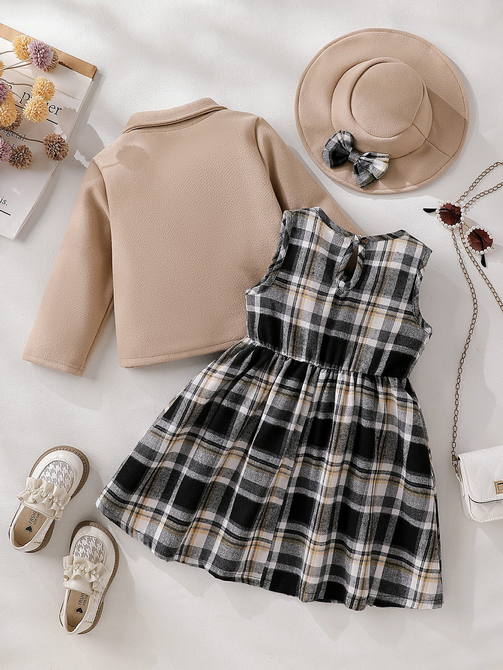 exclusive supply of elegance woolen outwear + plaid a-skirt + bow hat fall and wintergirlsuit three-piece set