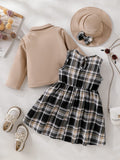 exclusive supply of elegance woolen outwear + plaid a-skirt + bow hat fall and wintergirlsuit three-piece set