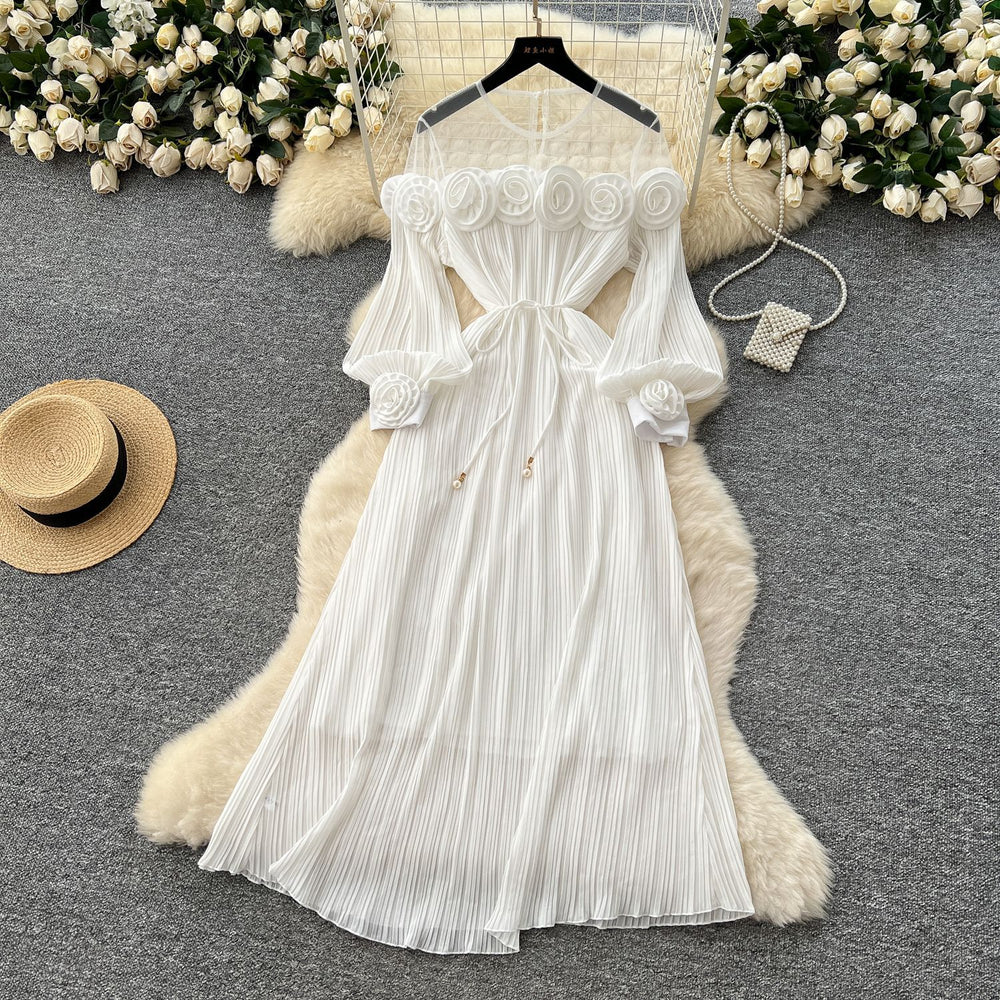 new european and american fashion heavy-duty 3d floral see-through mesh panel long sleeve cinched waist pleated dress for women