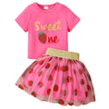 Kids' short-sleeve rainbow stripe top and strawberry mesh skirt set