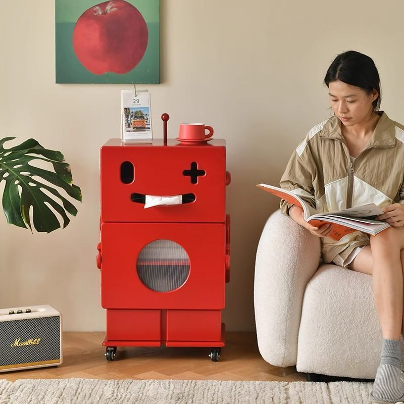 Minimalist creative art robot mobile side table - glossy, skin-touch finish - living room sofa table, bedside nightstand, storage & decorative cabinet