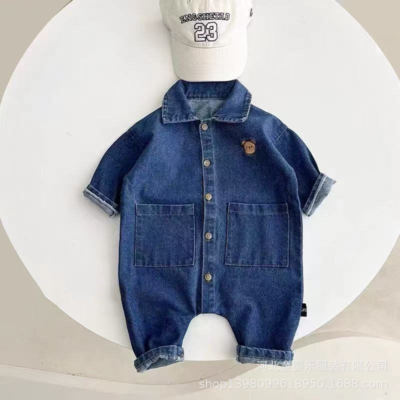 Newborn baby denim romper - korean style, unisex, spring/autumn outfit for crawling and outdoor wear