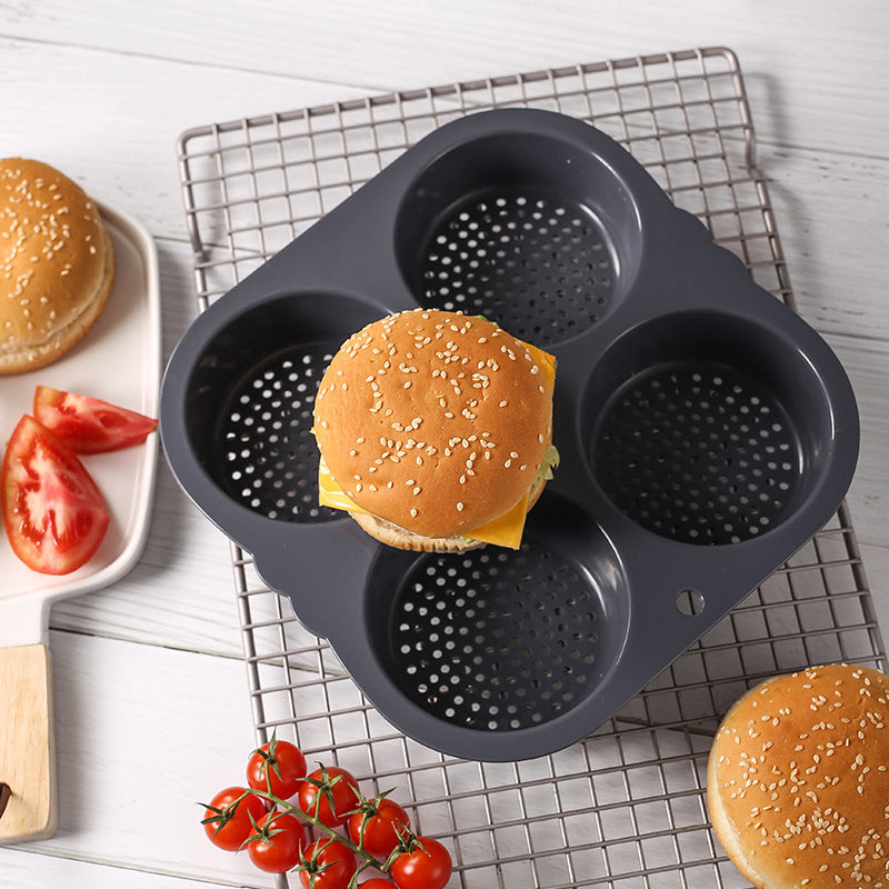 Food-grade 4-cavity silicone burger bun mold - perfect for home ovens and air fryers