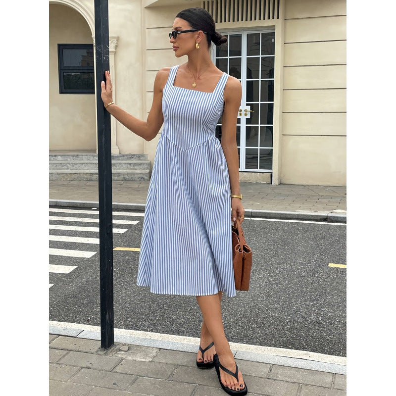 Aliexpress cross-border original design: women's square neck striped elegant dress for everyday wear