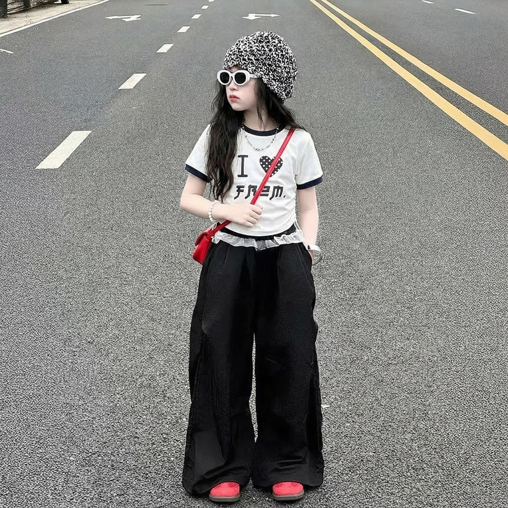 Girls' two-piece set: new  collection for mid-to-large children - short-sleeved, lightweight summer outfit with loose-fit casual pants and wide-leg trousers