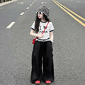 Girls' two-piece set: new  collection for mid-to-large children - short-sleeved, lightweight summer outfit with loose-fit casual pants and wide-leg trousers