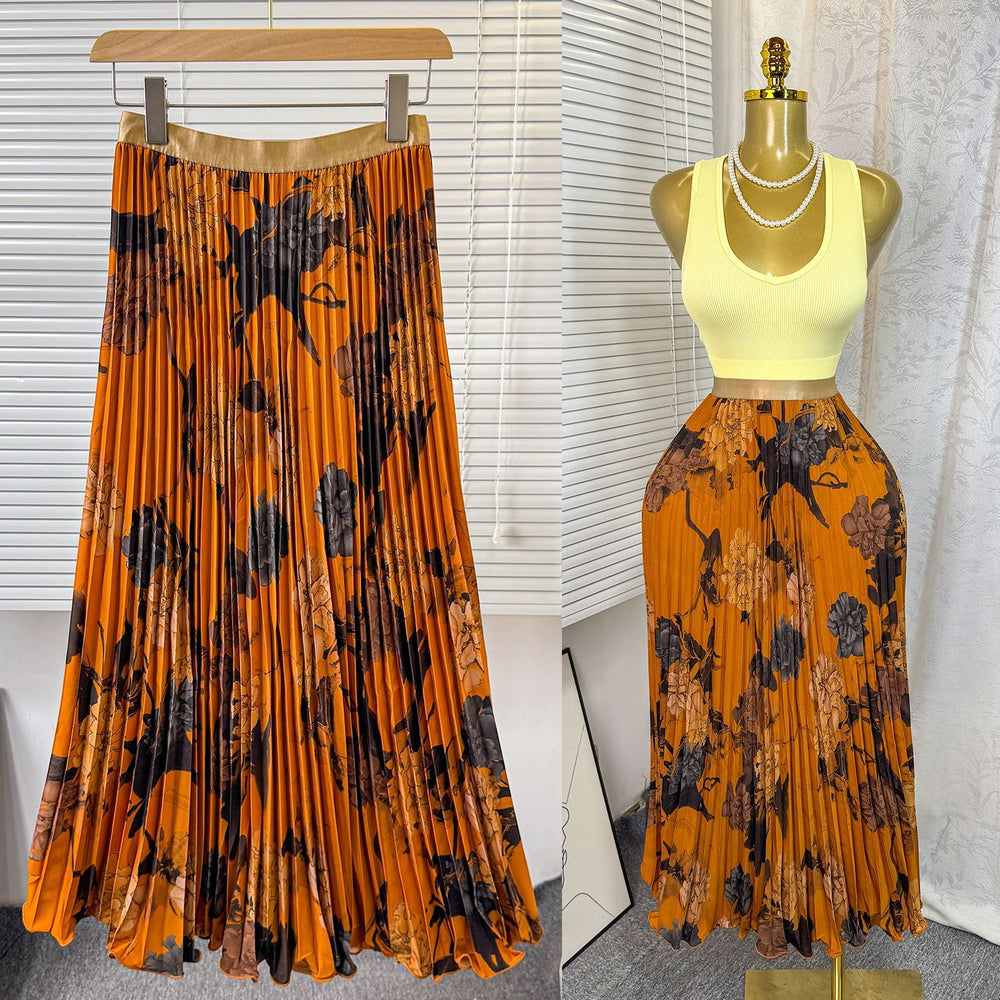 New arrival elastic waist high waist floral sweeteasiest for match a-line skirt women's medium longprintingpleated skirt