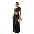 C7675 cross-border   fashion women's sexy one-shoulder cropped top and midi skirt set
