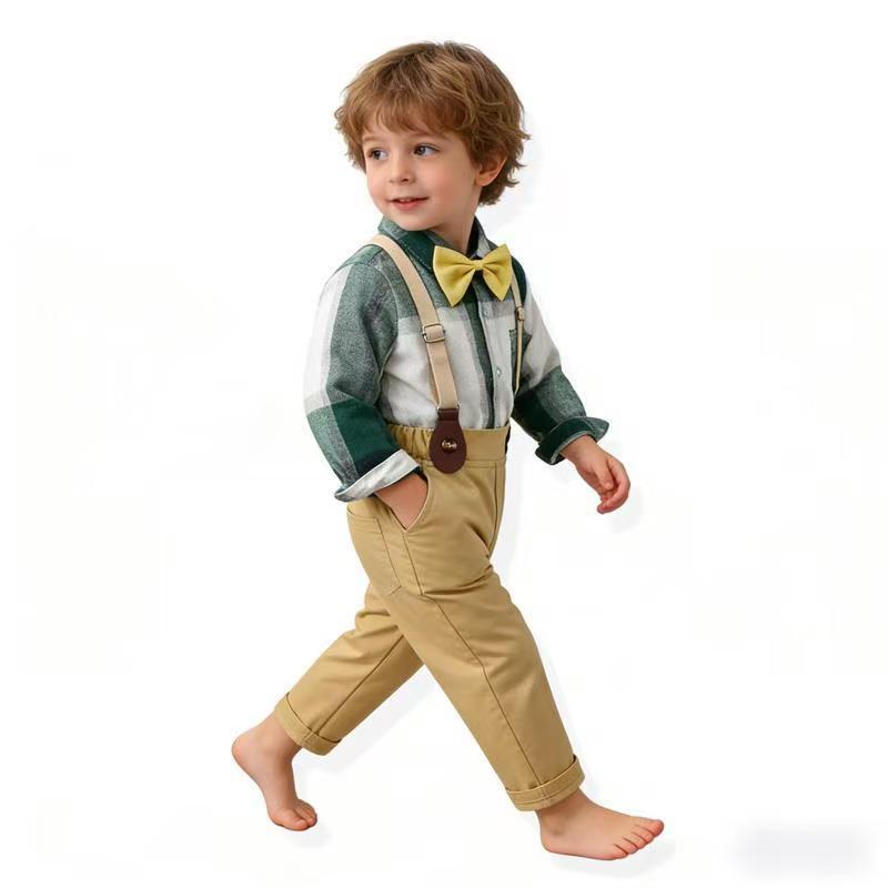 Factory direct export boys' suit: long-sleeved plaid shirt british style formal wear, boys' suit for spring and autumn, children's clothing
