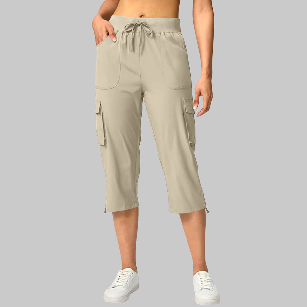 european and american cross-border summer new solid color women's elastic waist casual cargo capri pants with pockets