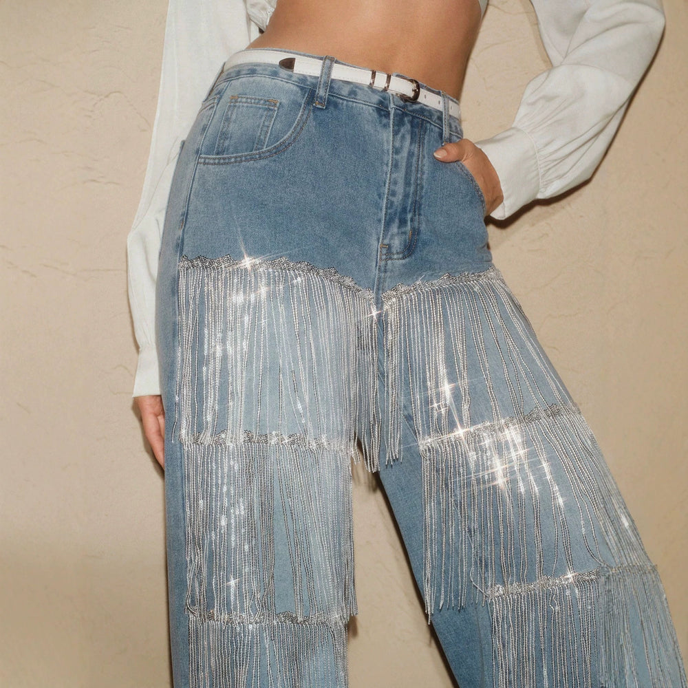 European and american style women's multi-layer silver rhinestone tassel embellished light blue washed high-waisted wide-leg mop-length denim pants