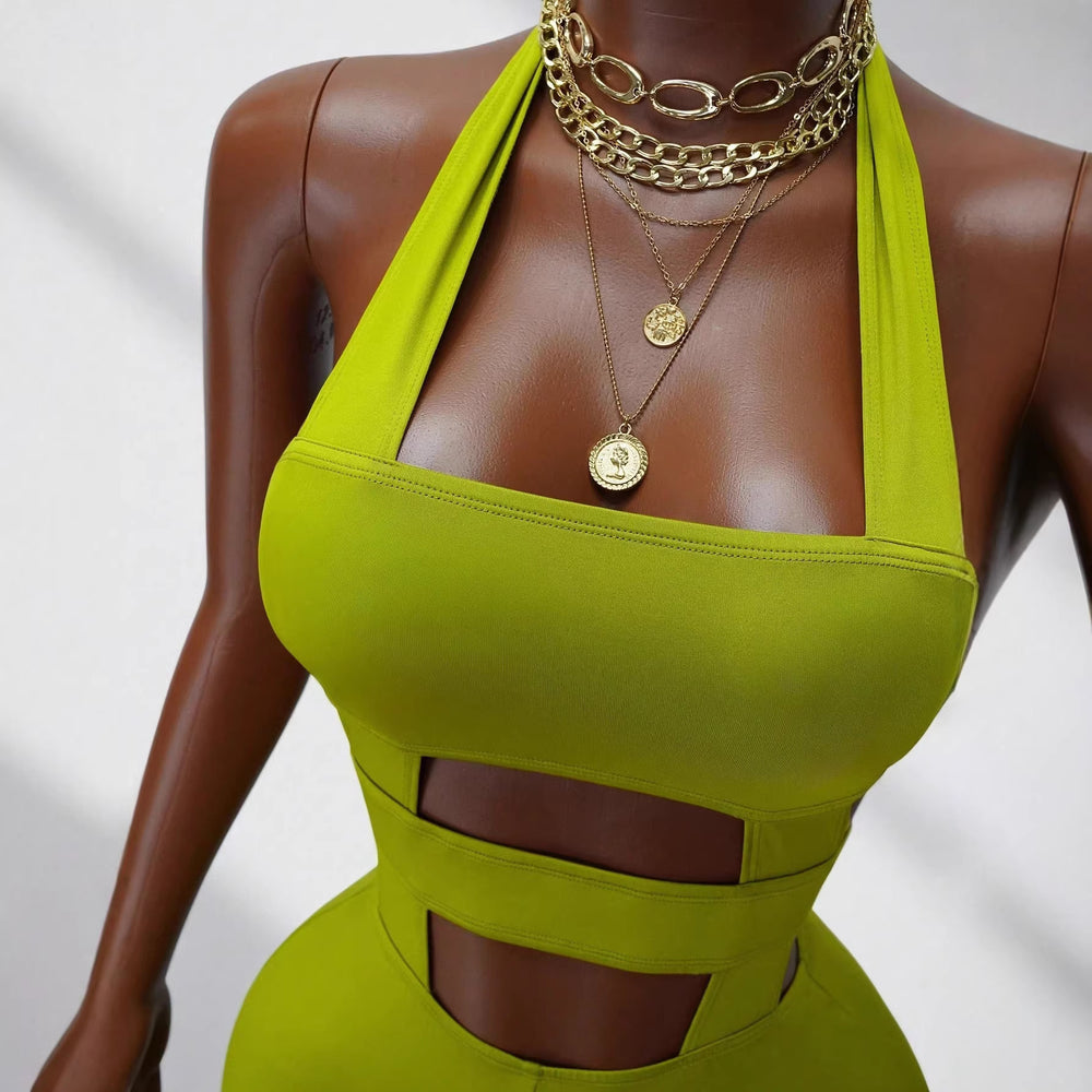 new solid color bodysuit - slim fit activewear, casual halter neck, open back jumpsuit - fashionable and high-end