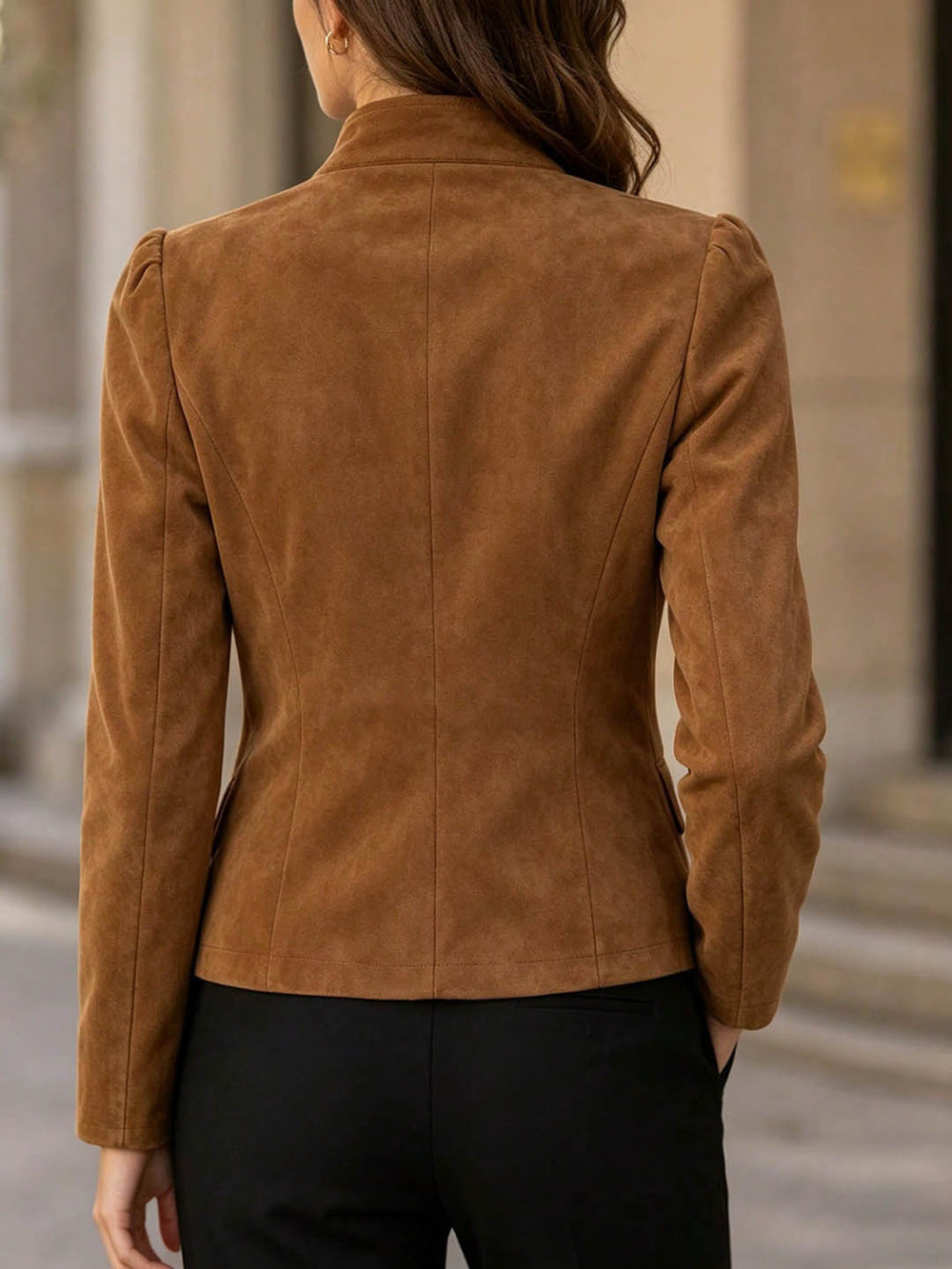 Autumn/winter caramel suede-look jacket - stand collar, three-button, slim fit, cropped length, chic commute, vintage women's outerwear