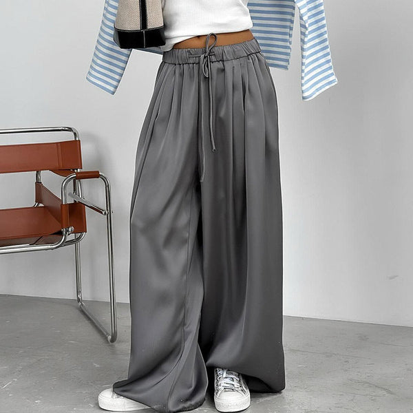 Fashion and simple temperament, relaxed satin casual pants, women's loose and thin high-waisted straps, drape pleated wide-leg pants