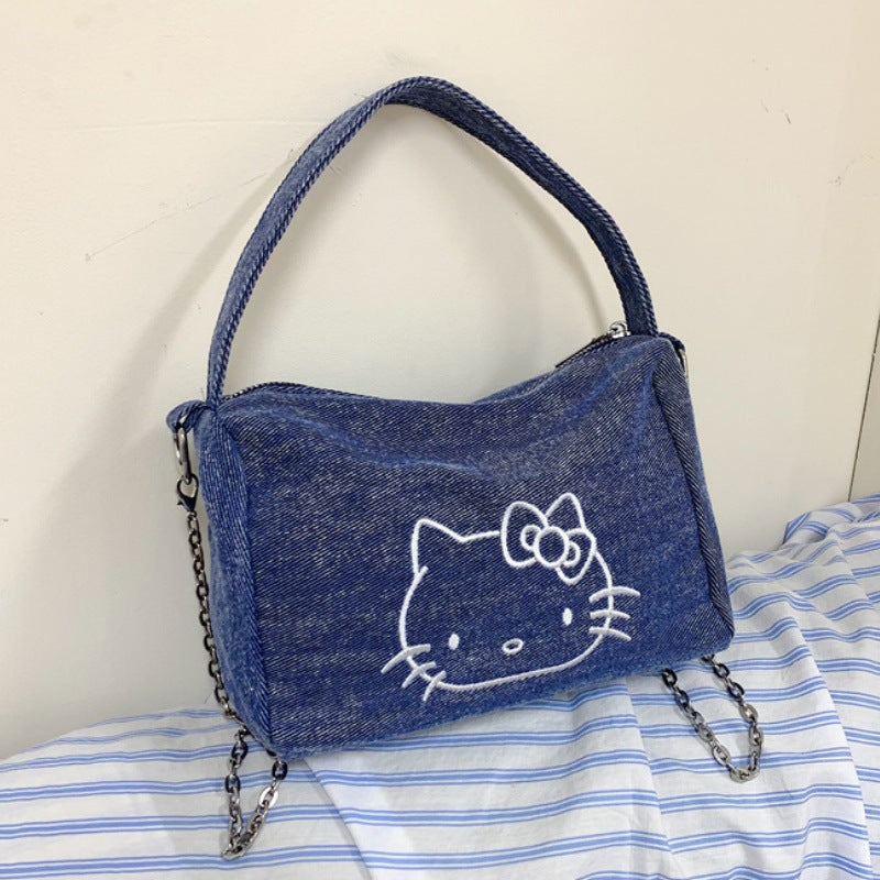 Cross-border cute cat embroidery cylinder handbag women's new shoulder bag portable handbag chain messenger bag women