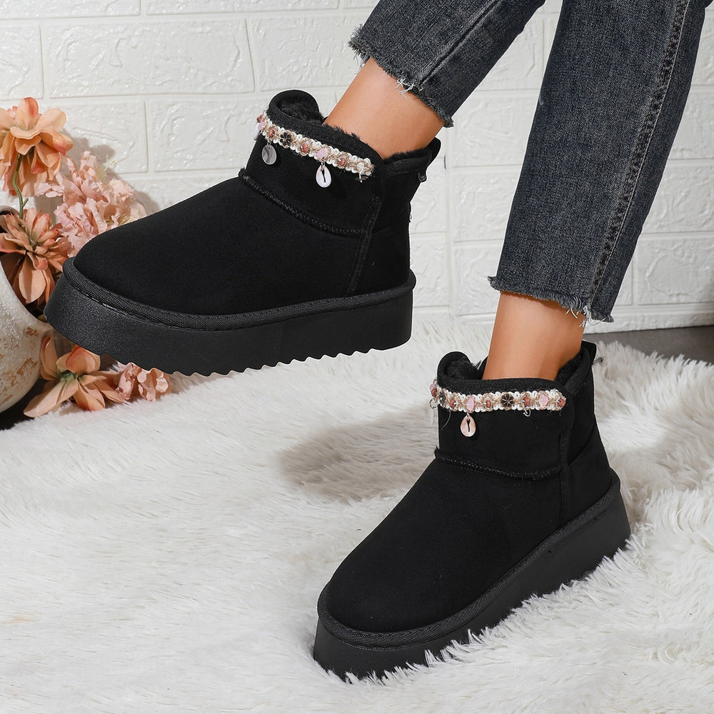fleece-linedthickenedheattech snow boots for women fall and winternew arrival ethnic style pendant thick sole fur all-in-one non-slip shoes