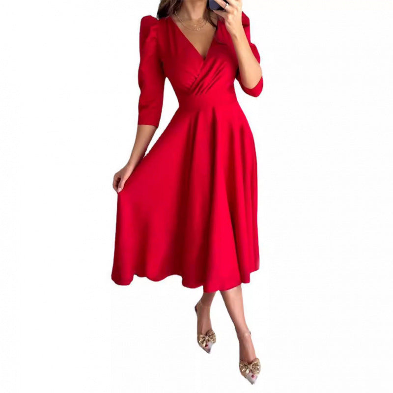 fashion women's clothing:  spring collection - solid color v-neck, cinched waist, pleated maxi dress