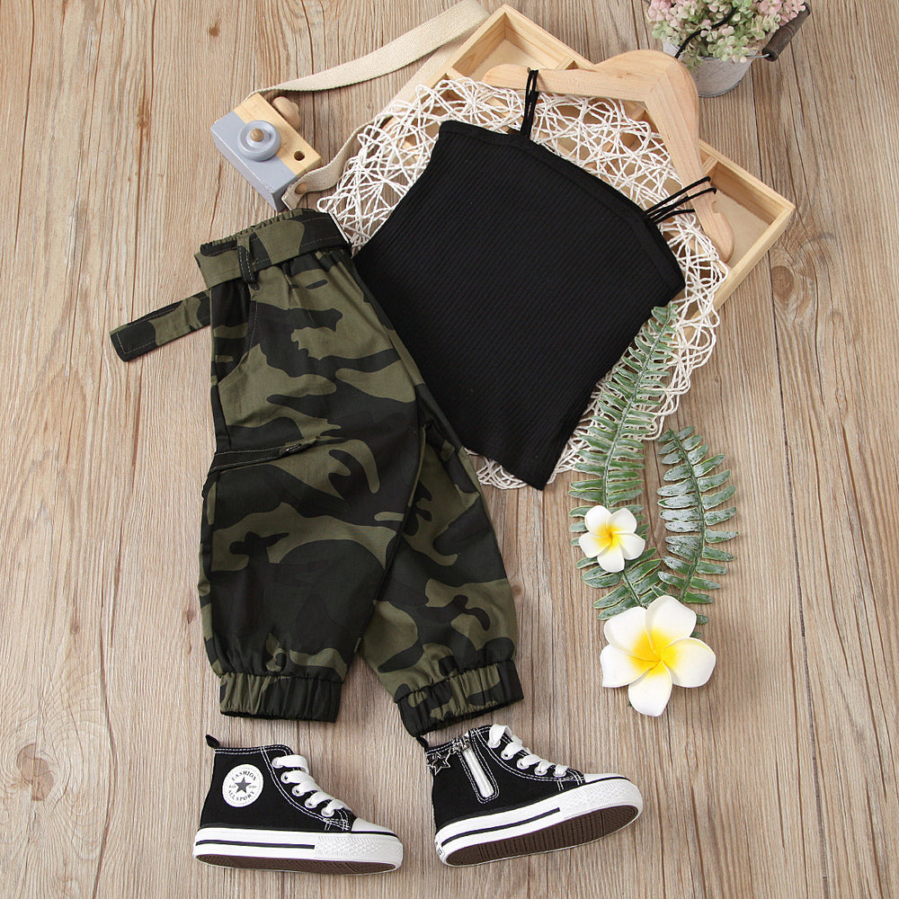 2020fashion style cross-border children's clothing pure color suspender chest-length pit strip tops camouflage pants two-piece setexport exclusive
