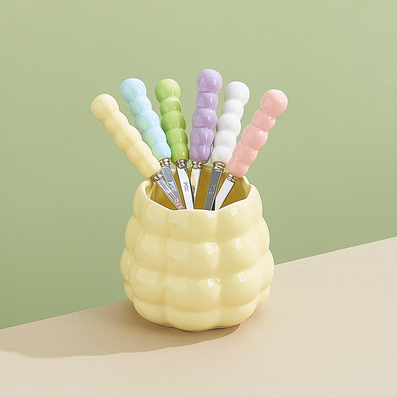 Dopamine color mixing stainless steel fruit forks, high-value afternoon tea dessert fork and spoon set with ceramic storage jar