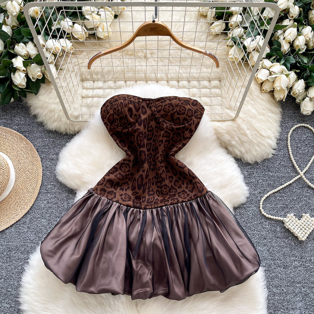 Pure desire sexy sleeveless leopard print patchwork waist mesh puffy dress women's autumhot girltube top skirt