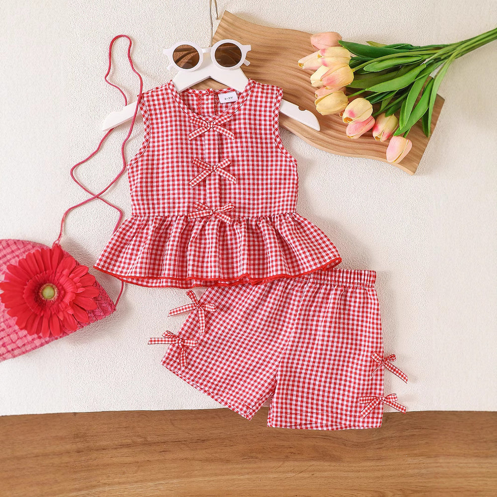 Children's clothing  fashion children's clothing cross-border red plaid tops+shortssuit