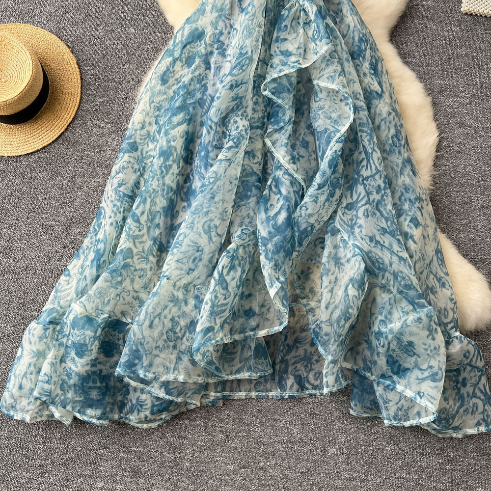 Organza square neck puff sleeve dress women's french elegant fairy waist ruffles puffy vacation long skirt