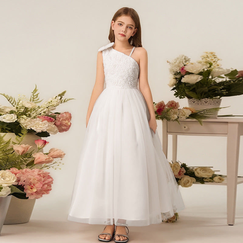 European and american style girls' white wedding dress, piano performance outfit, children's runway show host evening gown, cross-border customization