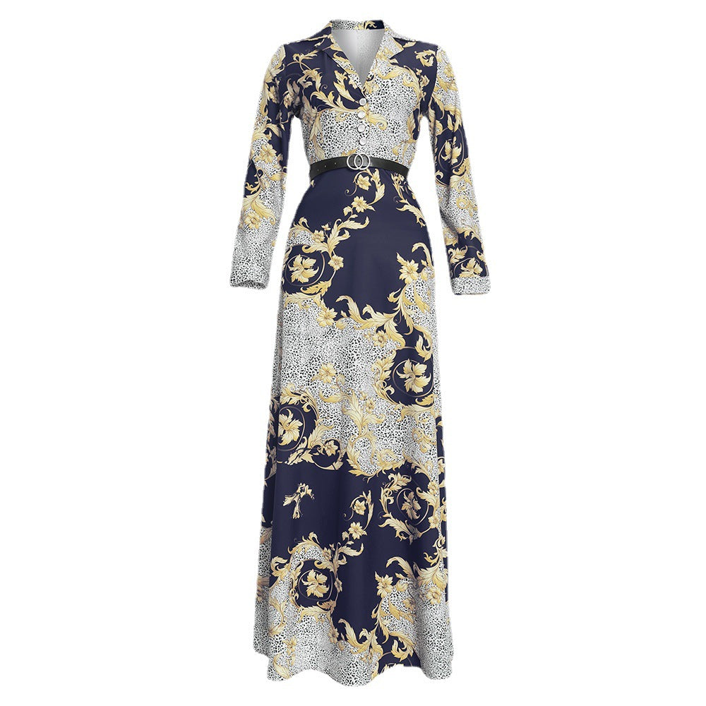 Fashion cross-border supply  plus size women's long skirt with belt african clothing printing chiffon dress