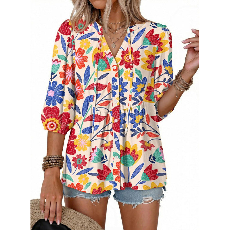 summer bohemian floral short sleeve button-down v-neck ruffle trim babydoll casual loose shirt