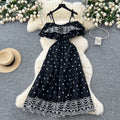 French gentle style one shoulder suspender rufflespatchworkdress women's waist elegant cut outembroiderlong skirt