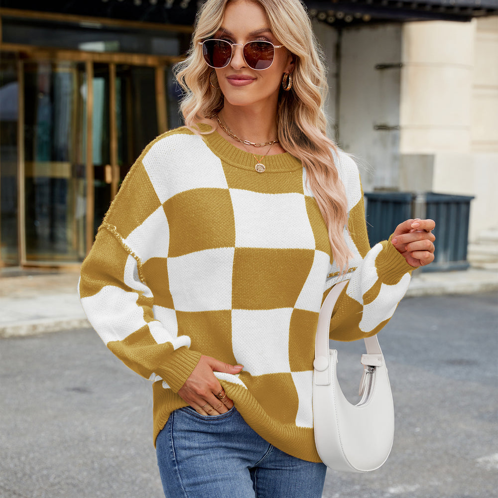 European and american cross-border autumn new arrivals:  pullover crew neck long sleeve top, loose fit casual plaid color block sweater for women